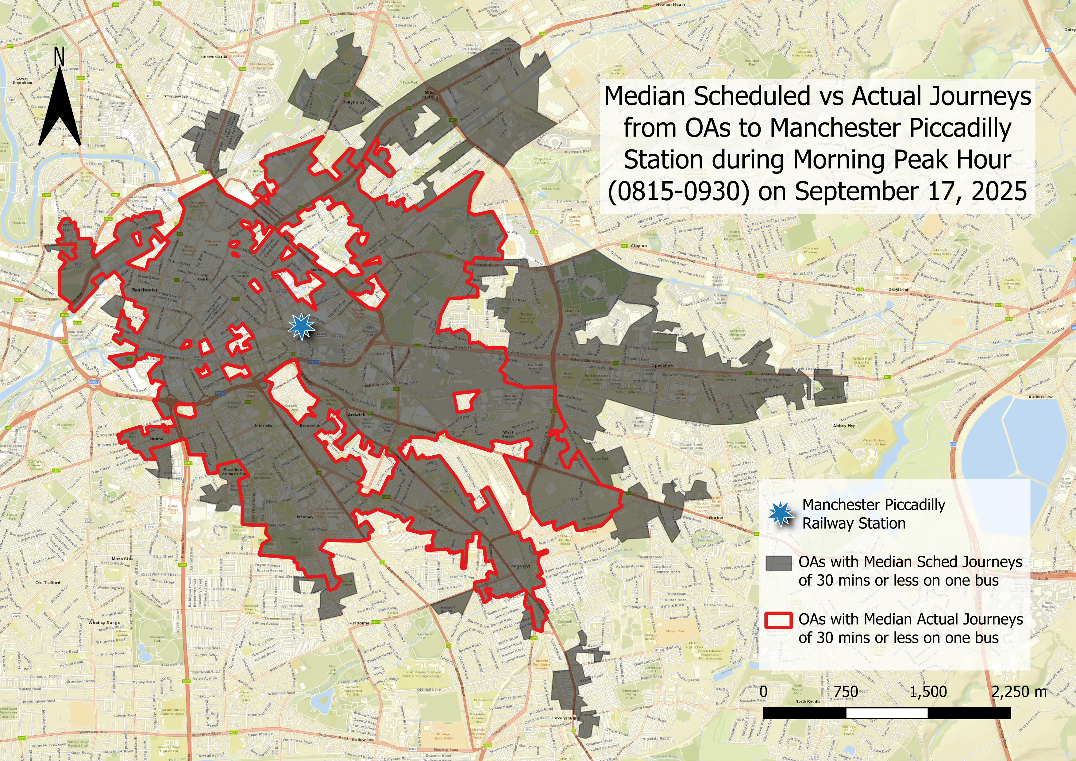 Map showing Scheduled-vs-Actual Bus Accessibility to Manchester Piccadilly at OA level